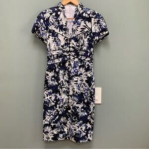 THEIA blue white print cap sleeve sheath pencil dress 2